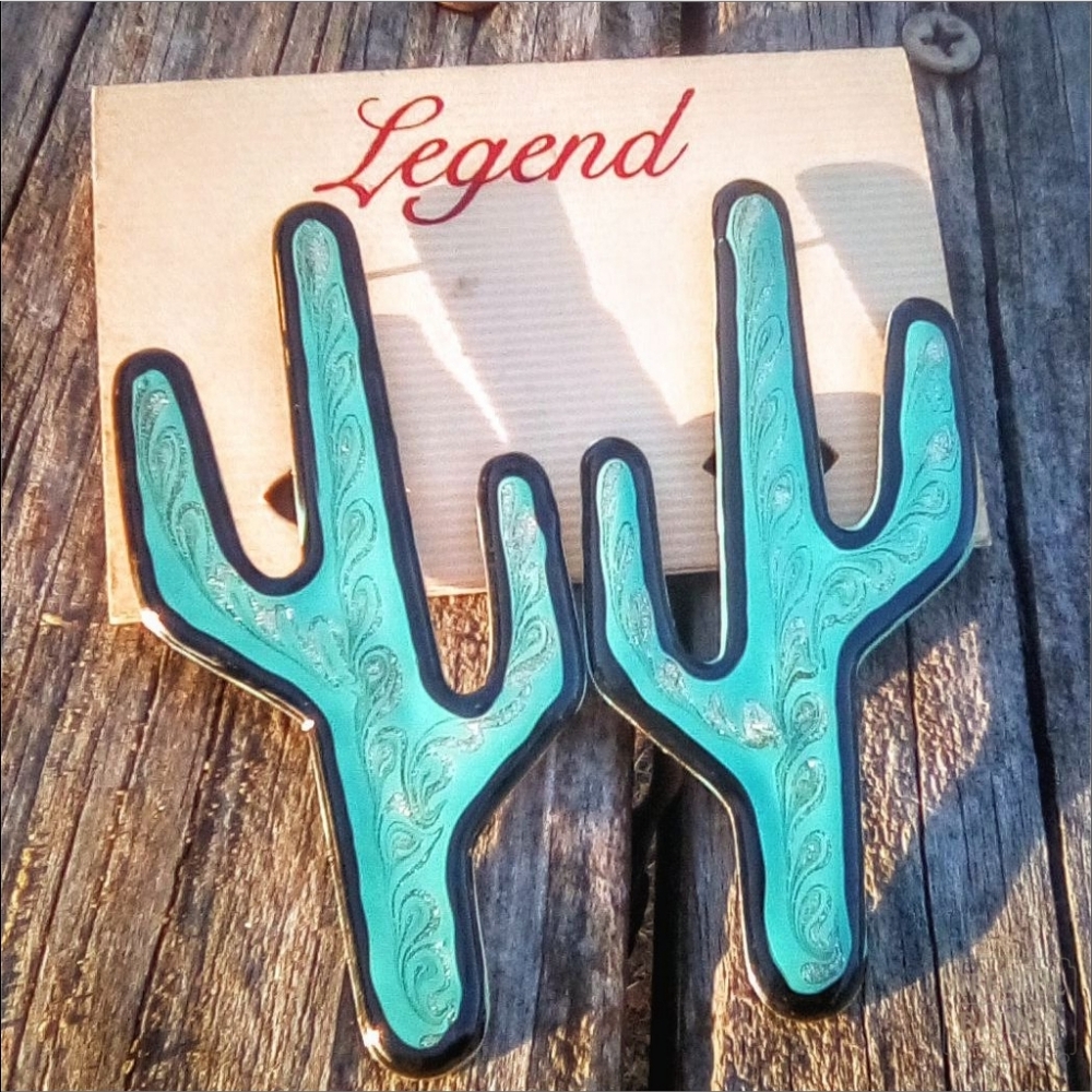 Legend Vintage 3" Turquoise Cactus Earrings | Retro Western Dangle Original Card